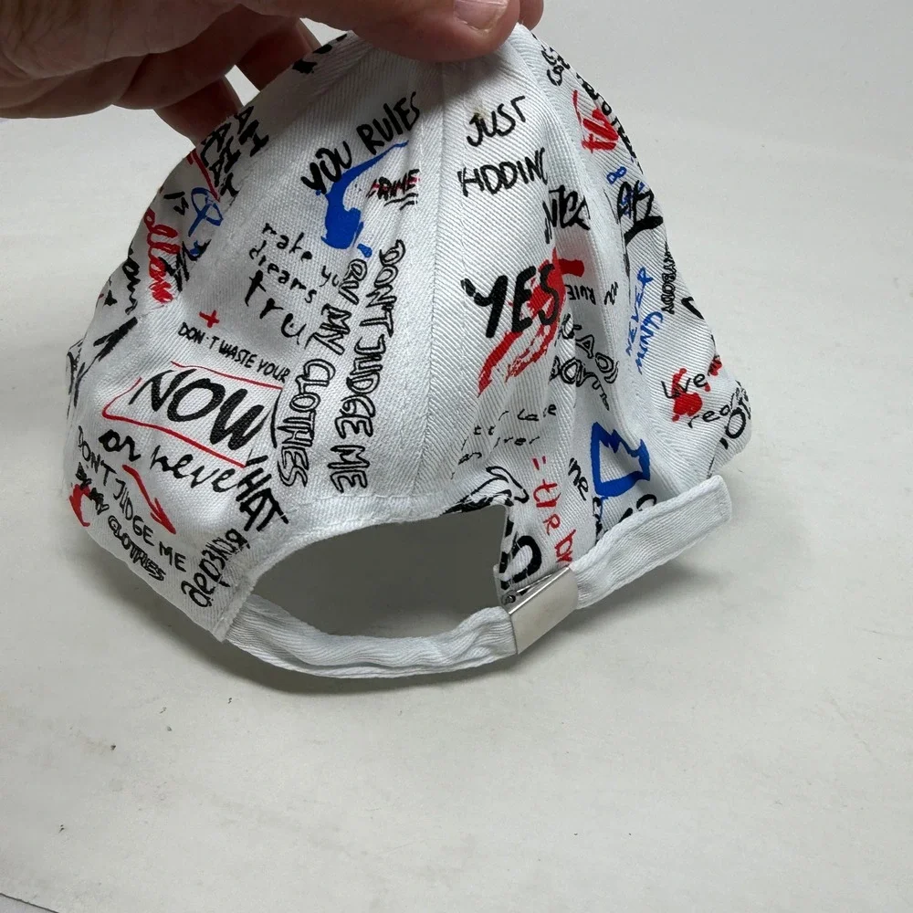 White Graffiti Print Baseball Cap Streetwear Adjustable Graphic Hat All Over